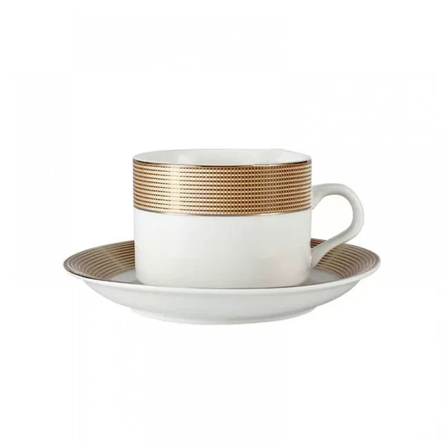 Juego de 6 tazas de café Globe Coffee Cup de 80 ml (2,7 oz), tazas pequeñas para espresso con platillos, de porcelana, con diseños negros y asas doradas, ideales para servir café, espresso y capuchin