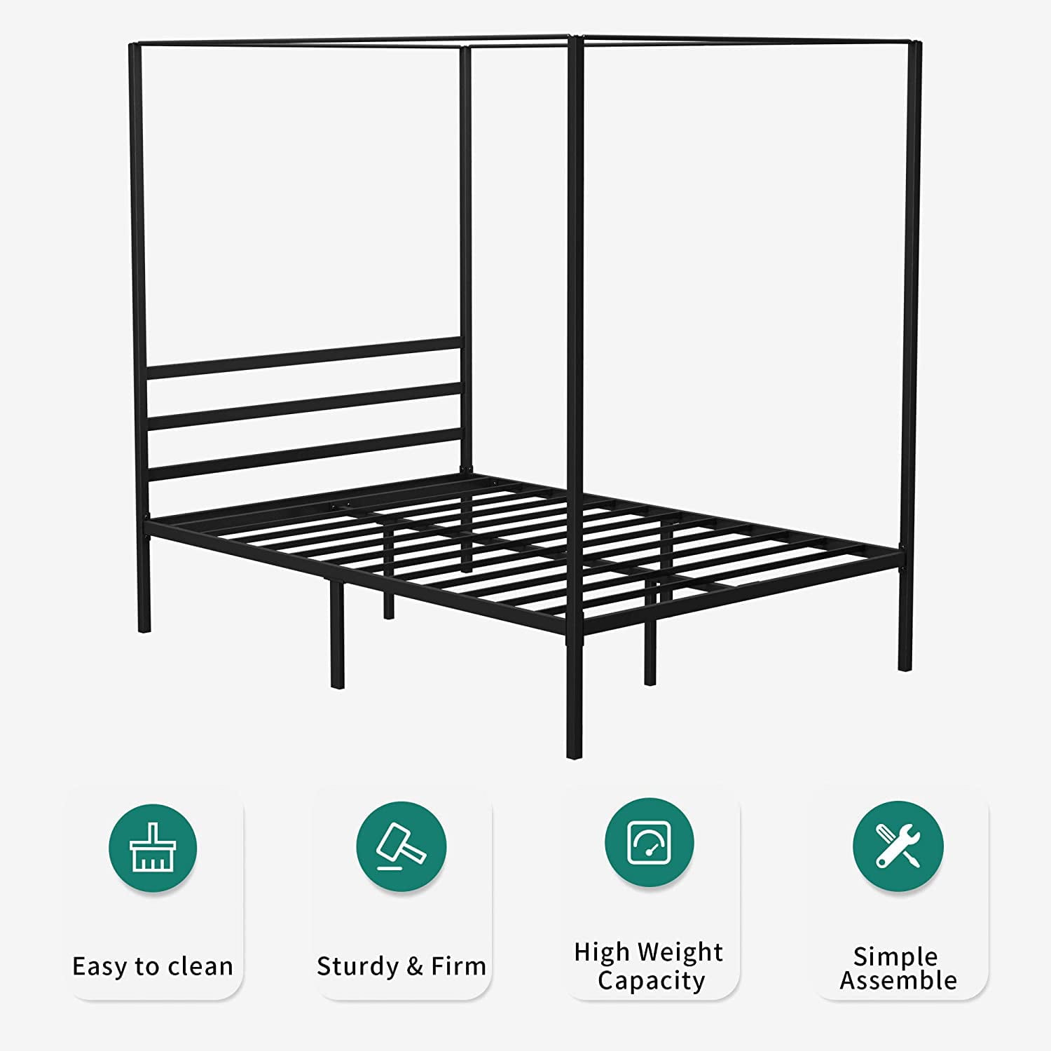 Dextrus Metal Canopy Bed Frame 14 Inch Platform Four Posters Bed with Built-in Headboard Strong Metal Slat Mattress Support, No Box Spring Needed, Black, Full Size