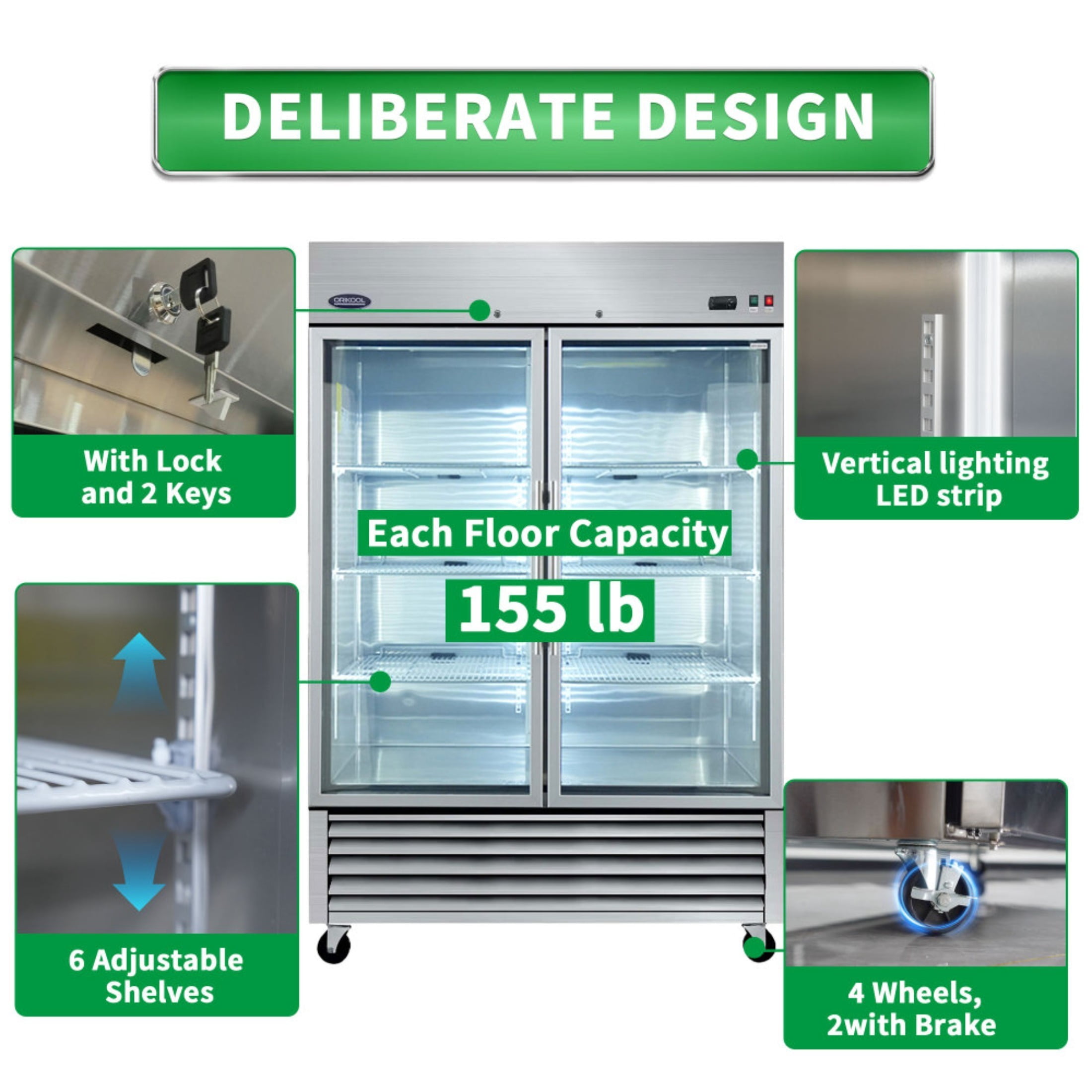 54" Commercial Display Refrigerator Swing Glass Door 49 Cu.ft Stainless Steel Reach-in Merchandiser Refrigerators with LED Lighting