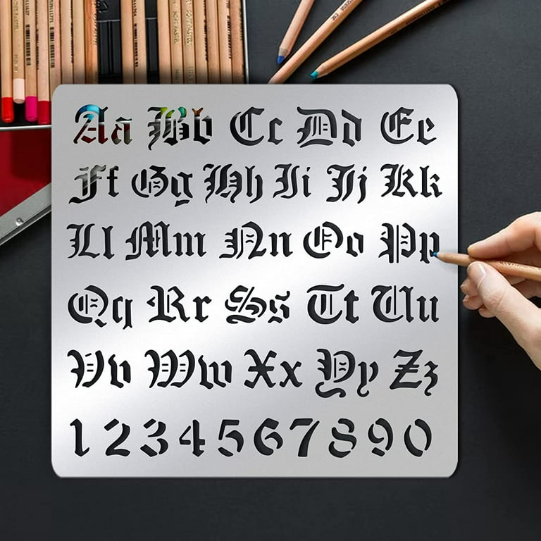 Matte Metal Letters Stencils, Gothic A to Z Alphabet & Number Stencil Template for Painting, Wood Burning, Leather Burning, Engraving, Scrapbooking