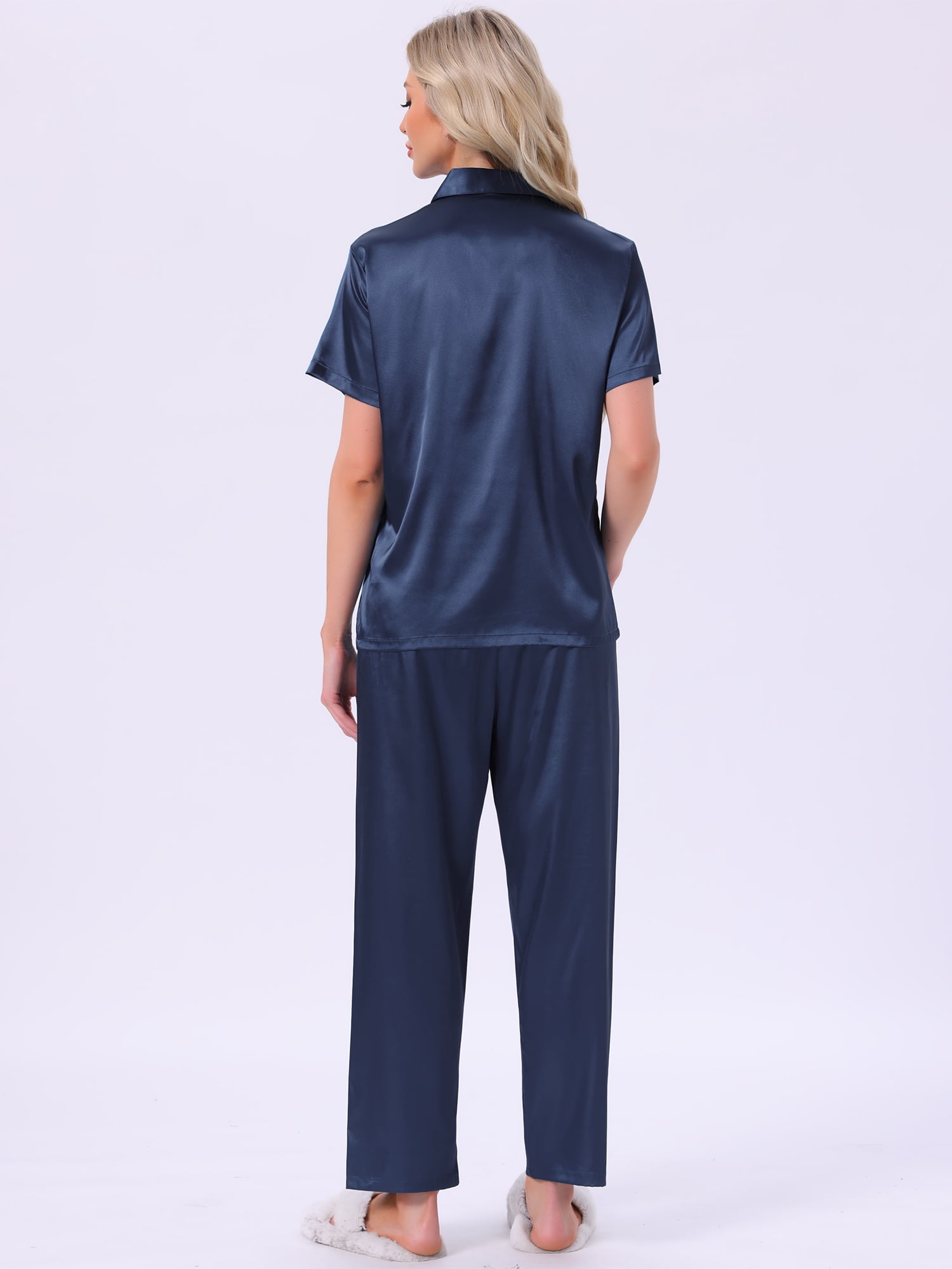 DARING DIVA Satin Pajamas Silky Button Down Short Sleeve Shirt Pants Set S Navy