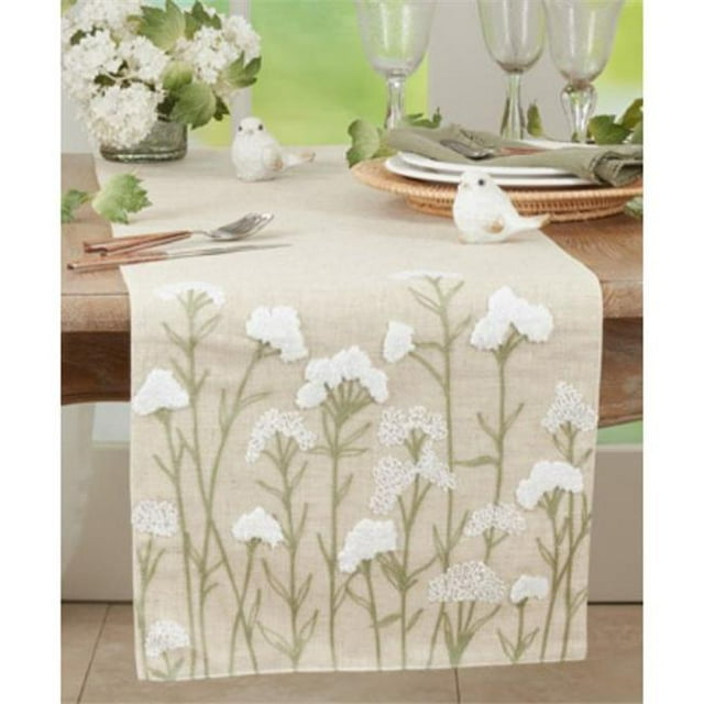 Saro Lifestyle Chemin de Table Brodé Fleurs 16 Po x 70 Po, Naturel, Chemin de Table