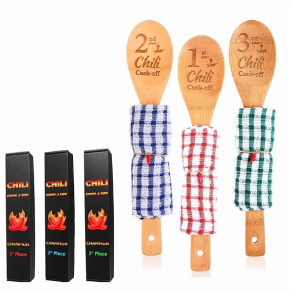 3 Pcs Chili Off Award Prizes 1st 2nd 3rd Wooden Spoons Trophies Cooking Dishcloth Box