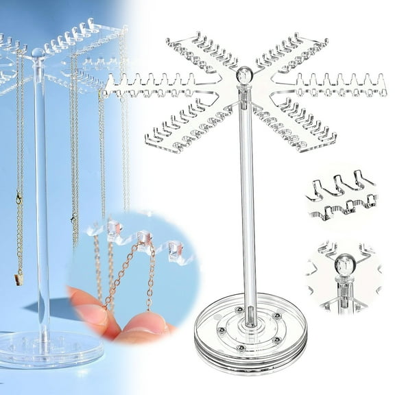 Acrylic Necklace Organizer, Rotating Necklace Holder Hanger, Transparent Jewelry Organizer Display Stand, With 84 Hangers Hanging Hooks, 1X1 Set Of Display Racks Hooks, Clear