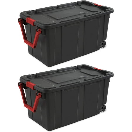 Sterilite 14699002 40 Gallon/151 Liter Wheeled Industrial Tote, Black Lid & Base w/ Racer Red Handle & Latches, 2-Pack