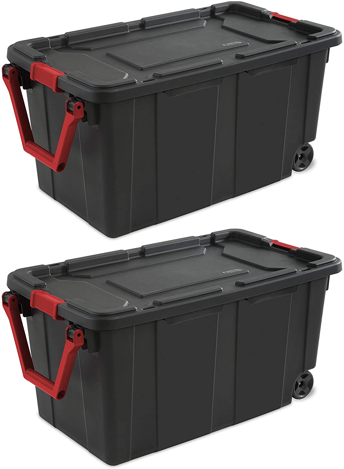 Sterilite 14699002 40 Gallon//151 Liter Wheeled Industrial Tote A Yellow Lily Black Lid /& Base w//Racer Red Handle /& Latches 2-Pack