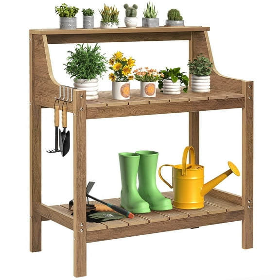 ONBRILL HDPS Outdoor Potting Bench Table w/4 Hooks & 3 Shelves, All-Weather, No Rust/Fade, Teak