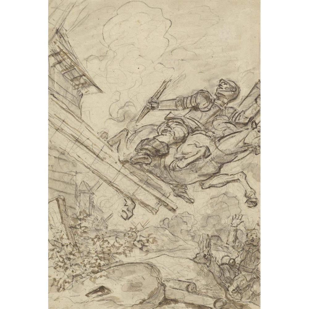 Jean-Honoré Fragonard 14x18 Black Modern Framed Museum Art Print Titled - Don Quixote Attacking the Windmill (1780s)