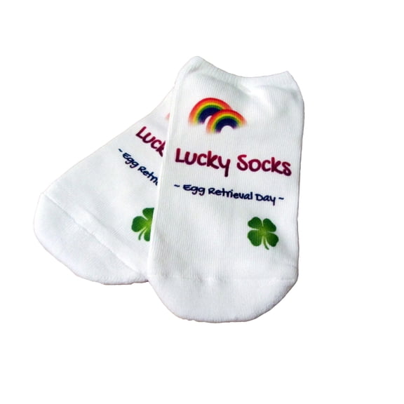 IVF Socks, Lucky IVF Egg Retrieval Socks with Rainbows and Clover - Womens Medium No Show White