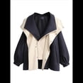 thumbnail image 3 of Gabardina con Capucha para Mujer, Chaqueta con Solapa y Botones, Cortavientos de Longitud Media con Bloques de Color Negro S, 3 of 6