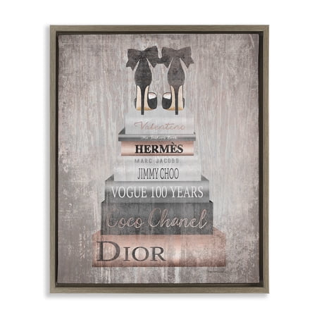 Stupell Industries Book Stack Heels Metallic Pink Beauty & Fashion Painting Brown Floater Framed Canvas Art Print Wall Art  25 x 31