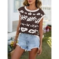 thumbnail image 2 of Women Cap Sleeve Crop Tops Color Block Going Out Crew Neck Knit Trendy Casual Sweater Brown S, 2 of 5