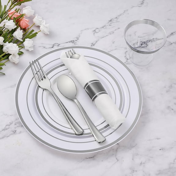 350 Piece Silver Plastic Dinnerware Set for 50 Guests