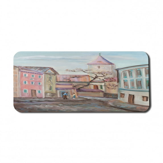 Landscape Computer Mouse Pad, Watercolored Effect Street with Paved Stones Rocks Tower Houses People Rural Art, Rectangle Non-Slip Rubber Mousepad X-Large, 35" x 15", Multicolor, by Ambesonne