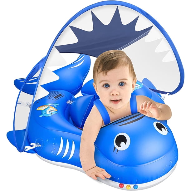 Flotador de piscina para bebés inflable mejorado con UPF50 + dosel desmontable y soporte inferior seguro, adecuado para bebés de 3 a 72 meses de edad, anillo de natación, accesorios de juguetes a