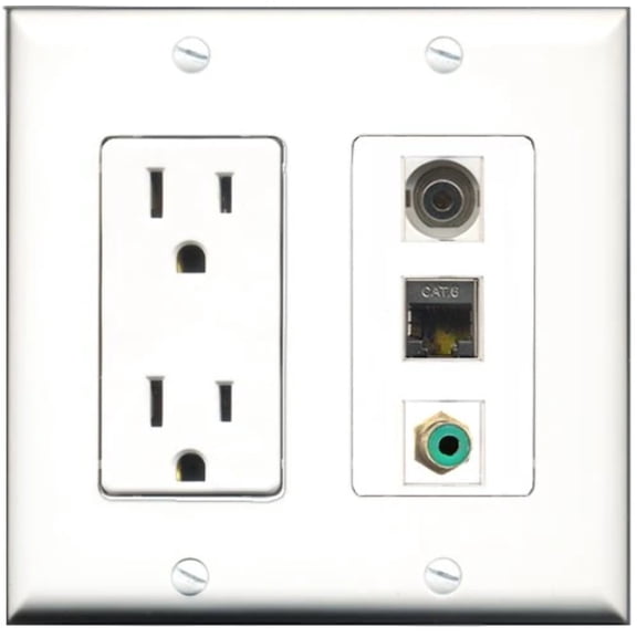 RiteAV - 15 Amp Power Outlet 1 Port RCA Green 1 Port Shielded Cat6 Ethernet Ethernet 1 Port 3.5mm Decorative Wall Plate