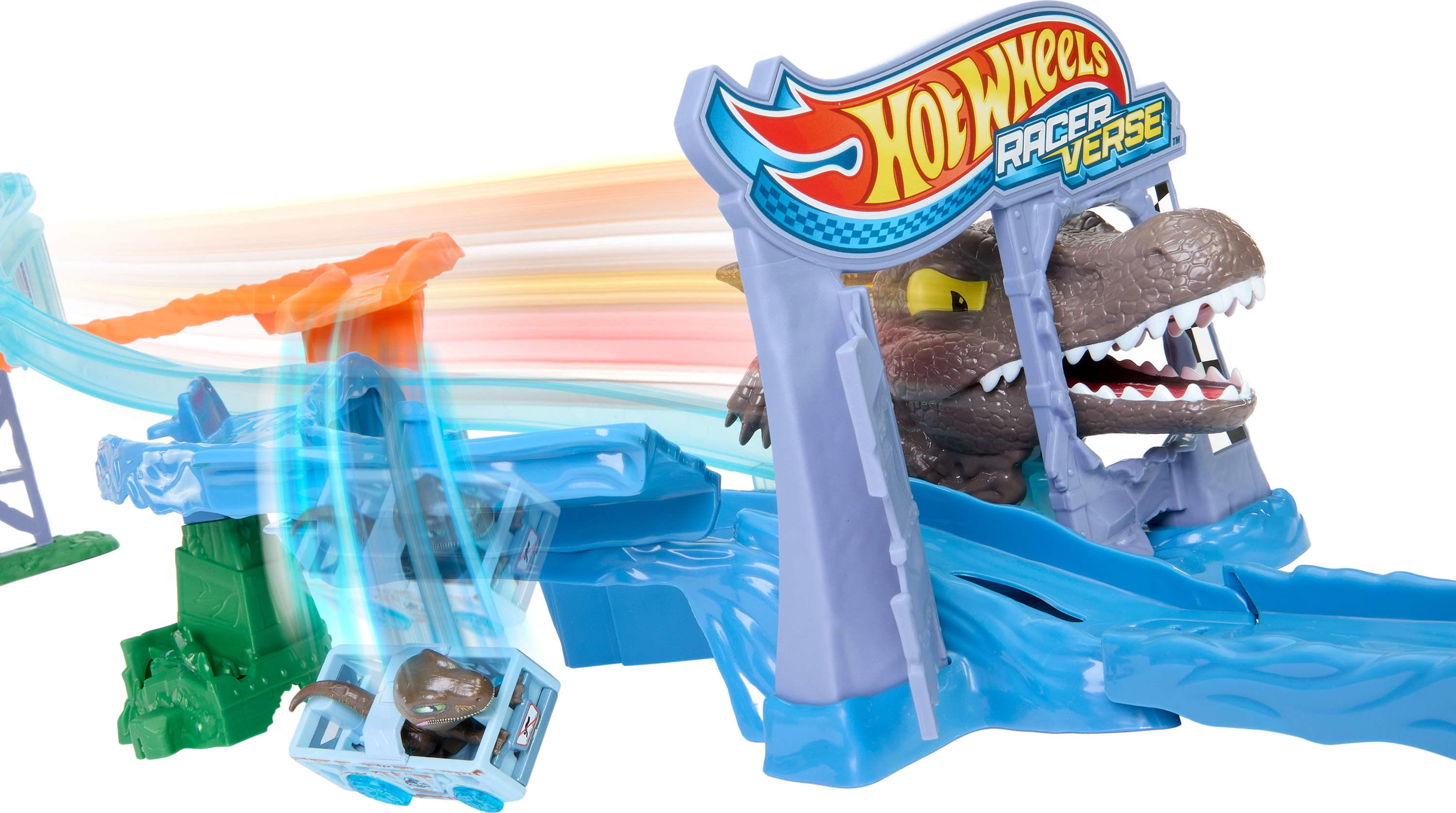 Hot Wheels RacerVerse Jurassic World Crash & Splash Track Set & Die-Cast Dinosaur Toy Car