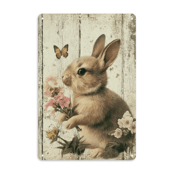 Wllo0ord 2D Flat, Charming Vintage Bunny Floral Metal Tin Sign - Humorous Iron Wall Art, 8x12 Inches - For Home, Cafe, Garden Decor - Perfect Easter Gift for Bunny Lovers Home Decor Enthusiasts