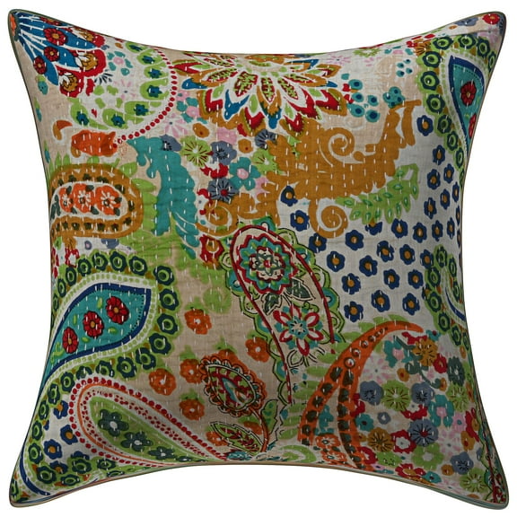 Stylo Culture Ethnic Decorative Throw Pillow Cover 16x16 Paisley Floral Kantha Beige Printed 40 x 40 cm Home Decor Accent Pillowcase Cotton Square Cushion Cover | 1 Pc