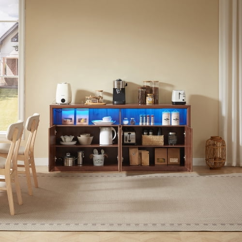 67" Wooden Sideboard Buffet Cabinet with LED Lights and Outlets, 4-Compartment Storage, Walnut
