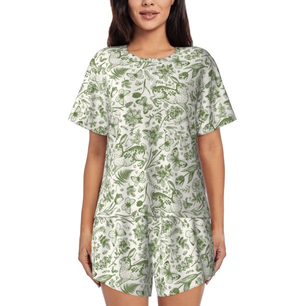 Balery Green Rabbit Conjunto de Pijama para Mujer con Estampado, Dos Piezas de Manga Corta y Shorts, Ropa de Dormir Suave con Cuello Redondo y Bolsillos-4X-Large