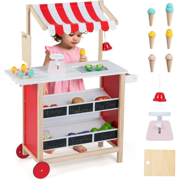 OLAKIDS Wooden Grocery Store Marketplace Toy, Supermarket Pretend Play, Extra Storage 6 Ice Creams Scales Bells Chalkboards, Fun Indoor Farmer's Market Stand Set Gift for Ages 3 