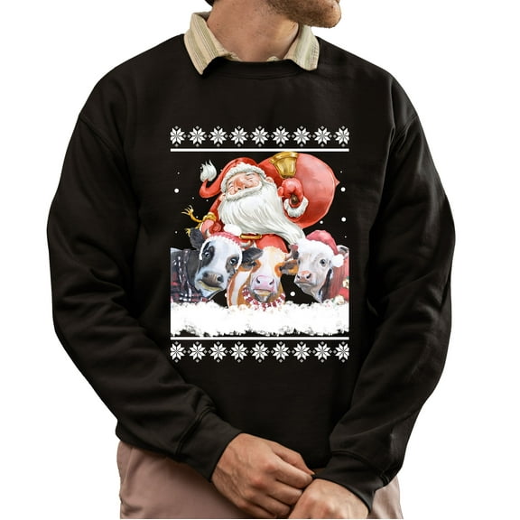 Christmas Sweatshirt, Funny Santa with Cows Christmas Sweatshirt, Holiday Ugly Sweater, Festive Crewneck for Parties & Cow Lovers