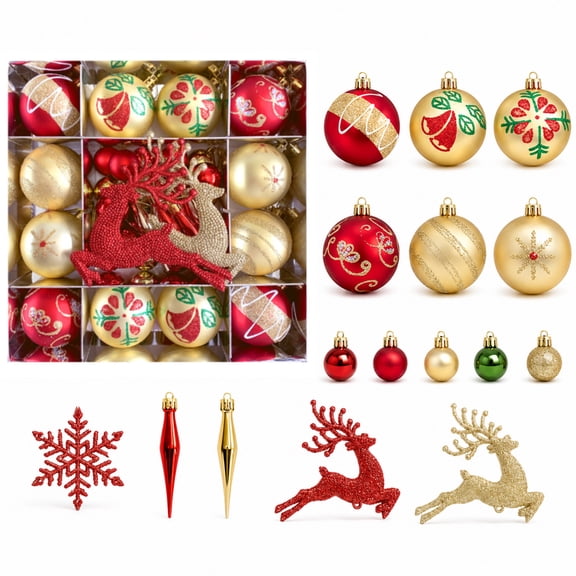 SORMAG 45 PCS Christmas Tree Decoration Set, Red and Gold Ball Christmas Ornaments with Glitter Reindeer, Snowflakes, Assorted Xmas Hanging Decorations for Home Office Holiday Party