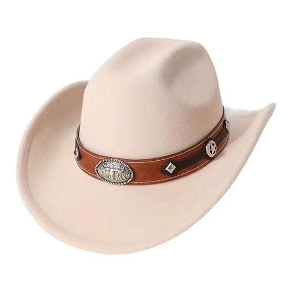 OOOUM Felt Cowboy Hat For Men Women Leather Band Metal Accents Sun Hat Festival Outdoor Vacation Cowgirl Hat Beige