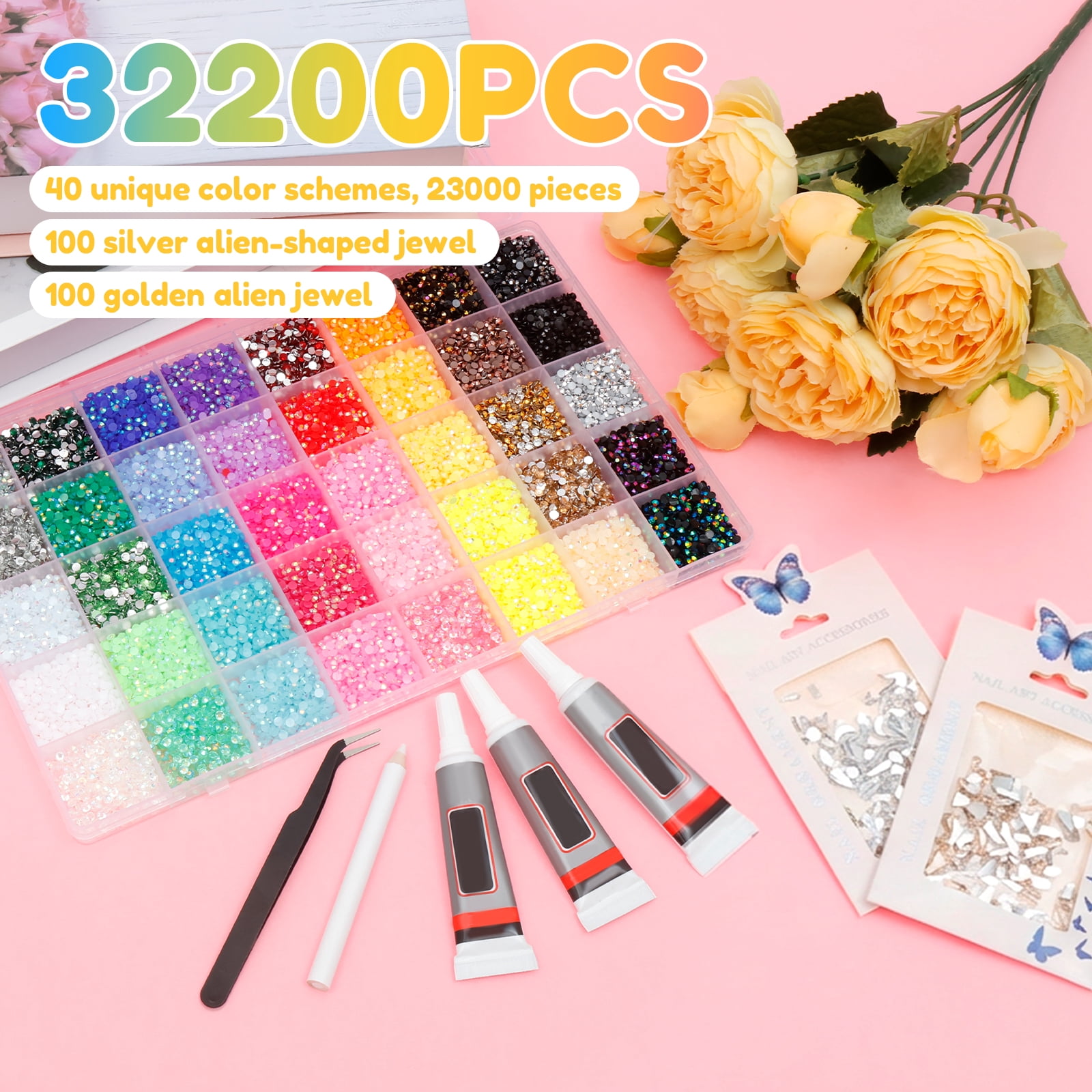 32000Pcs Resin Rhinestones with B7000 Jewelry Glue for Bedazzling Crafting, Rainbow Crystals Flat Back Gems with Craft Adhesive for DIY Graduation Cap Clothes Tumblers Shoes Nails and Face