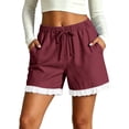 thumbnail image 2 of Cagogo Women Plus Size Elastic Waist Shorts with Pockets Casual Loose Beach Vacation Lounge Trousers Summer Travel Denim Shorts, Wine XL, 2 of 7