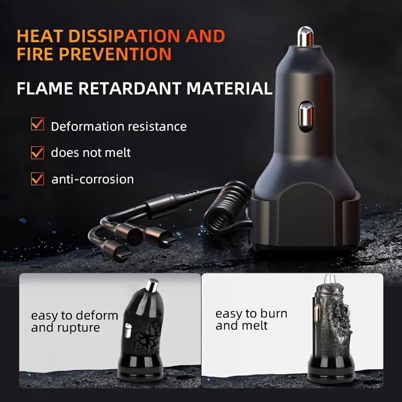 65W USB C Fast Car Charger with PD Quick Charge, Dual Port Cigarette Lighter Car Charger with LED Display, 3 in 1 Elastic Charging Cable, for iPhone and Android