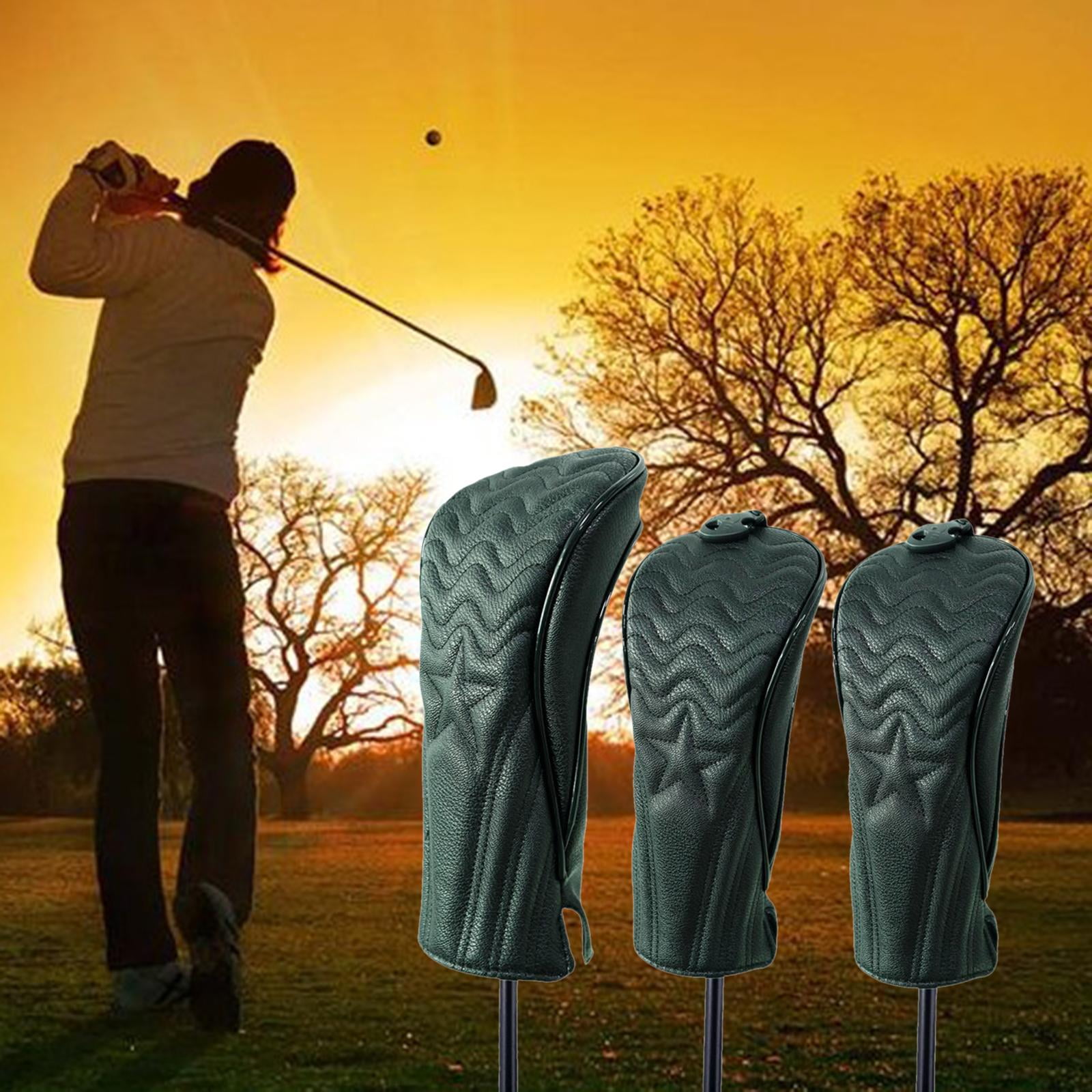 funtasica 3 Pcs Waterproof PU Golf Club Head Covers for Woods Driver Hybrids, Long Neck Golf Club covers for head Set Golfer Gifts