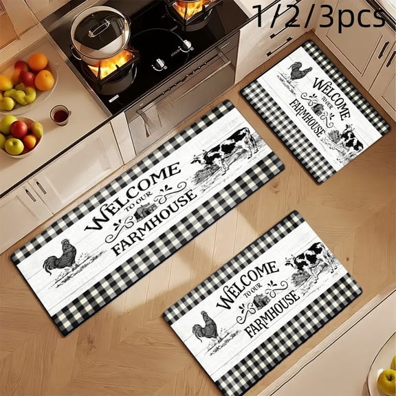 3PCS Mat Set, Welcome Door Rug, Home Decoration for Front Door, Kitchen, Bathroom, Welcome To Our Farmhouse With Cow And Rooster Pattern Kitchen Mat, Great Gift for Woman.