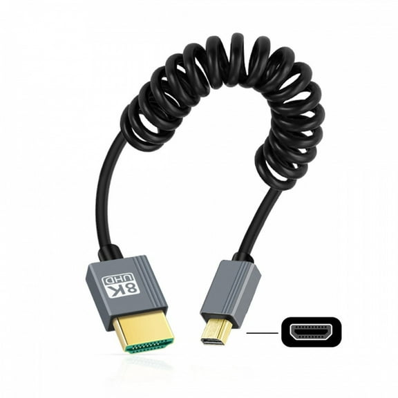 CY Micro HDMI 2.1 Male Type-D to HDMI Male 8K 60hz Stretch Coiled Cable 100cm for HDTV Camera Laptop Monitor