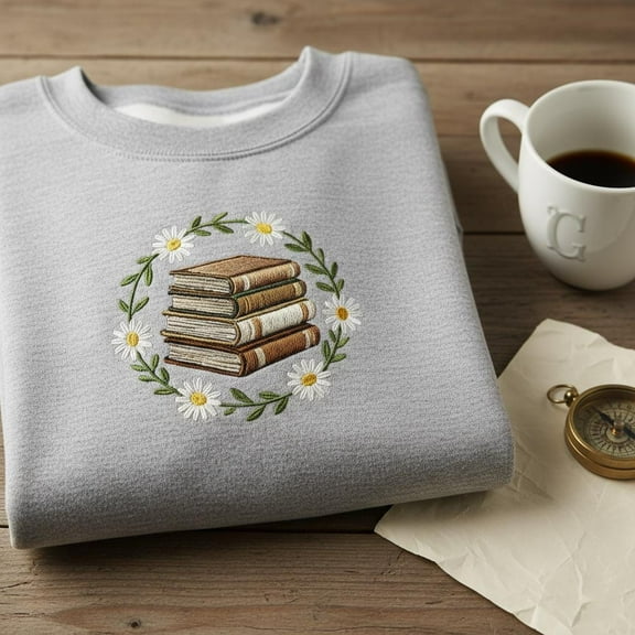 Book Stack Daisy Wreath embroidered sweatshirt, Cottagecore Book Lover Crewneck, Aesthetic Floral Reader Hoodie, Vintage Librarian Gift