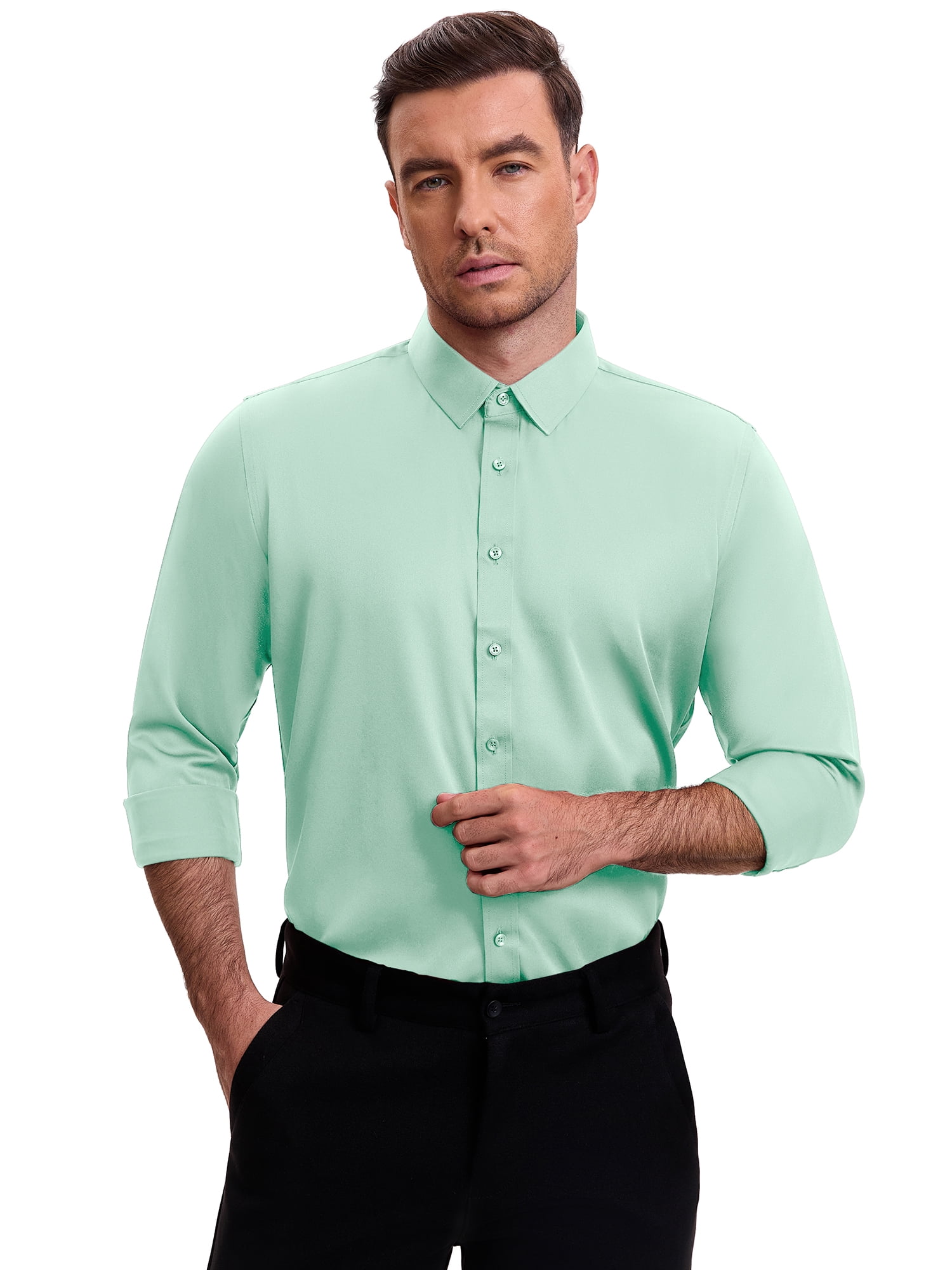 DARING DIVA Men's Point Collar Long Sleeve Button Down Formal Shirts 3XL Green