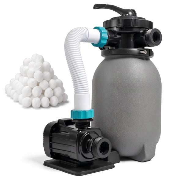 XtremepowerUS 1200 GPH Sand Filter Pump System with Filter Balls, 0.1HP Above Ground Swimming Pool Filter, 7-Way Valve, 10-Inch Tank
