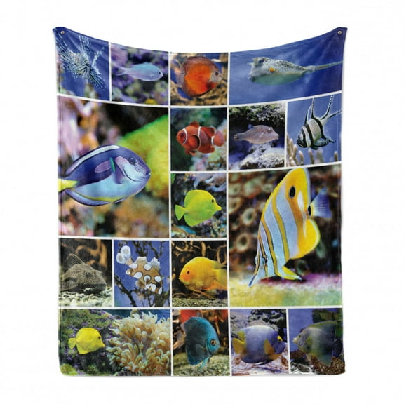 Ocean Soft Flannel Fleece Throw Blanket, Collage of Underwater Photos with a Group of Tropical Art Fish Oceanic Pattern, Cozy Plush for Indoor and Outdoor Use, 50" x 70", Yellow Blue, by Ambesonne