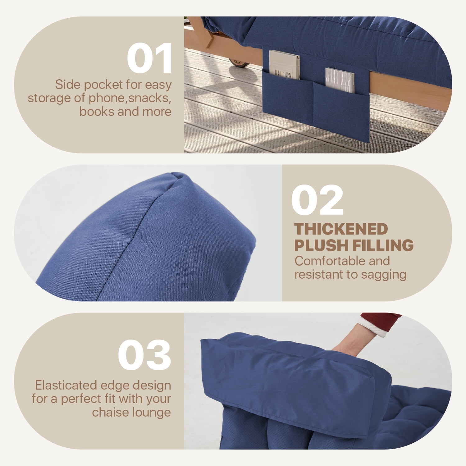 BaPiPro Navy Blue 2-Pack Outdoor Chaise Lounge Cushion with Side Pocket, Triple Non-Slip Fixation, All-Weather Durable & Soft Fabric, Thickened Padding, Ideal for Patio and Poolside Use
