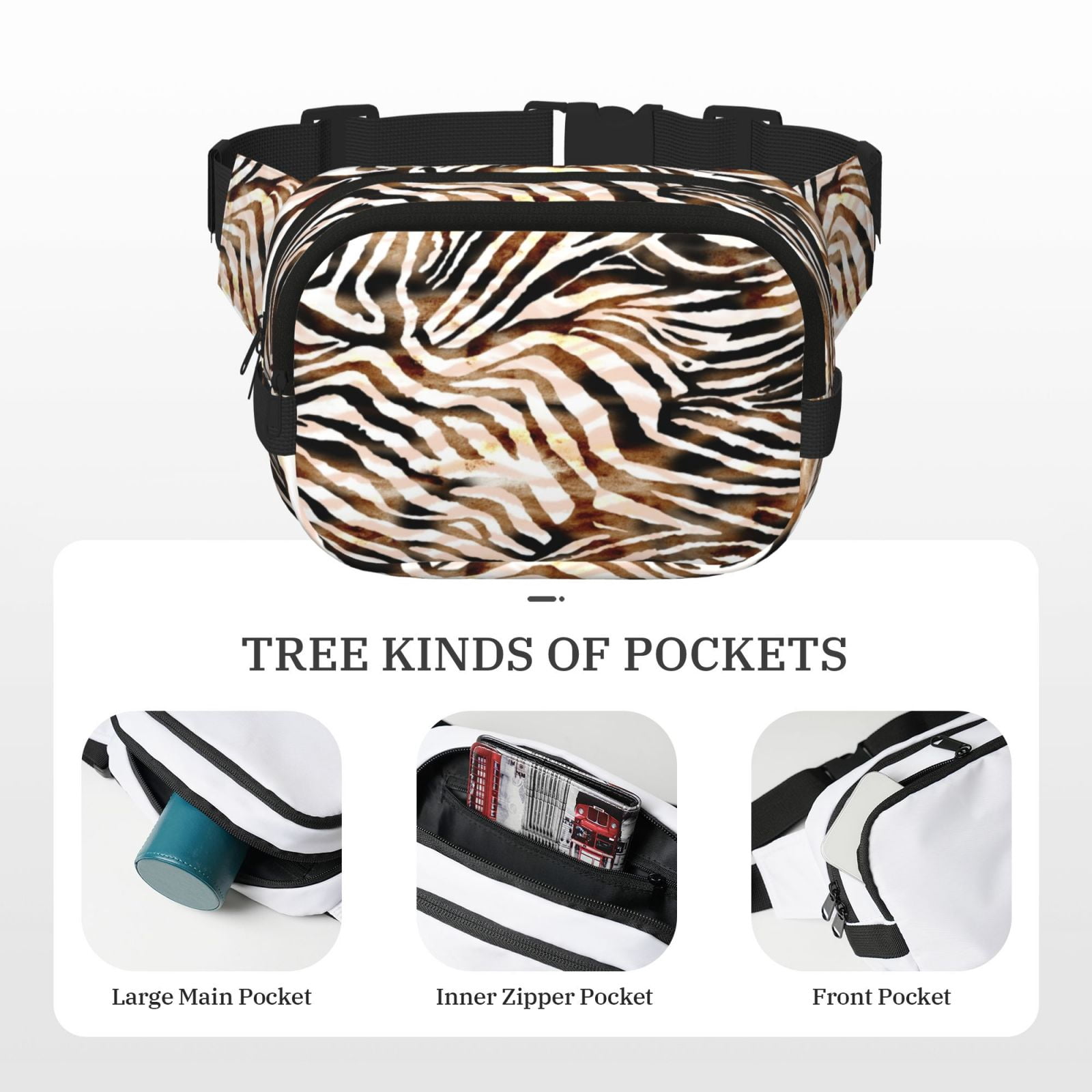 Picia Watercolor Zebra Print Square Double-Layer Waist Bag Mini Adjustable Waist Belt Bag Exercise Running Travel Hiking