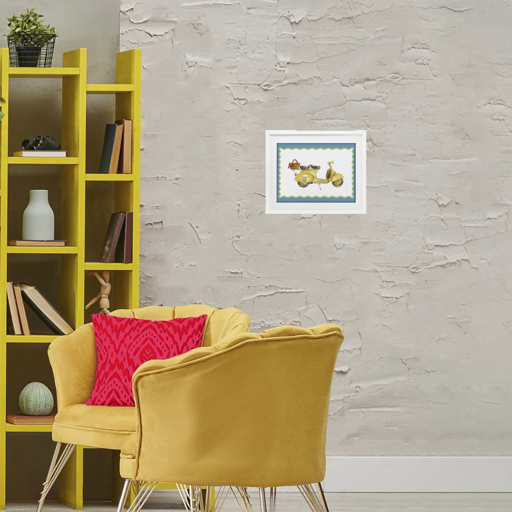 Stupell Industries Yellow Vespa with Wavy Border White Framed Print Under Glass, design by Lanie Loreth