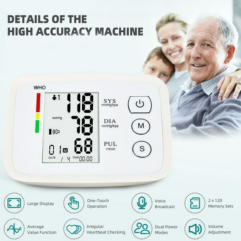 REHAVE Blood Pressure Cuff, Talking Upper Arm Blood Pressure Monitor,  3-Color Hypertension Backlit Display and Pulse Meter, One Key Measurement,  Extra