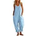 thumbnail image 3 of Women's Cotton Loose Fit Suspender Jumpsuit with Pockets, Mid Elastic Waist Solid Color, Casual Sleeveless Jumpsuit, Summer Beach Outdoor Work Vacation, Womens Jumpsuit | UKHCCC,Light Blue L, 3 of 8