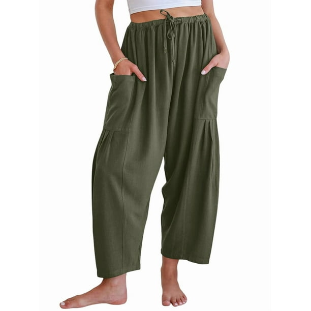 Pantalones Palazzo Harem Informales Holgados con Cordón para Mujer, para Verano, Playa, Viajes, Vacaciones, con Bolsillos. Verde M
