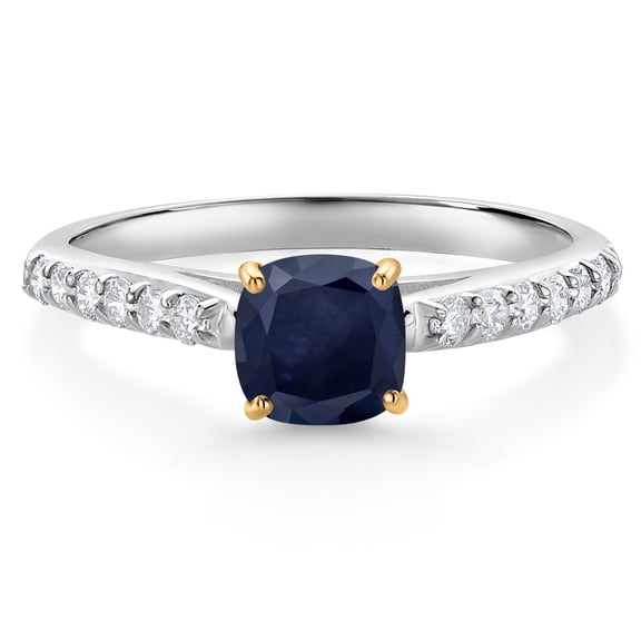 Gem Stone King 0.88 Ct Blue Sapphire G/H Lab Grown Diamond 10K White and Yellow Gold Engagement Ring (Size 5)