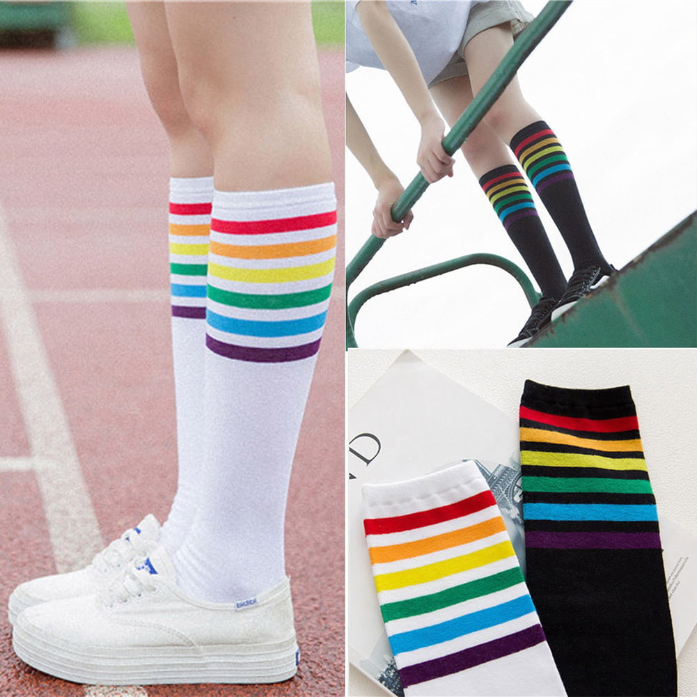 3Pairs Fashion Unisex Cotton Rainbow Striped Socks Sport Ankle High Sock Casual 