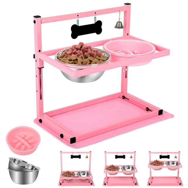Cuencos Elevados SHAINFUN Rosa con Soporte Ajustable y 2 Cuencos de Acero Inoxidable para Perros Gra