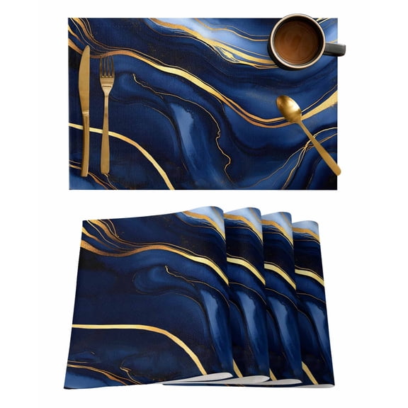 Marble Navy Blue Placemats Set of 4, Modern Golden Ombre Retro Fluid Art Placemats for Dining Table, Place Mats for Kitchen Tabletop, Waterproof Wipeable Dining Table Mats Set