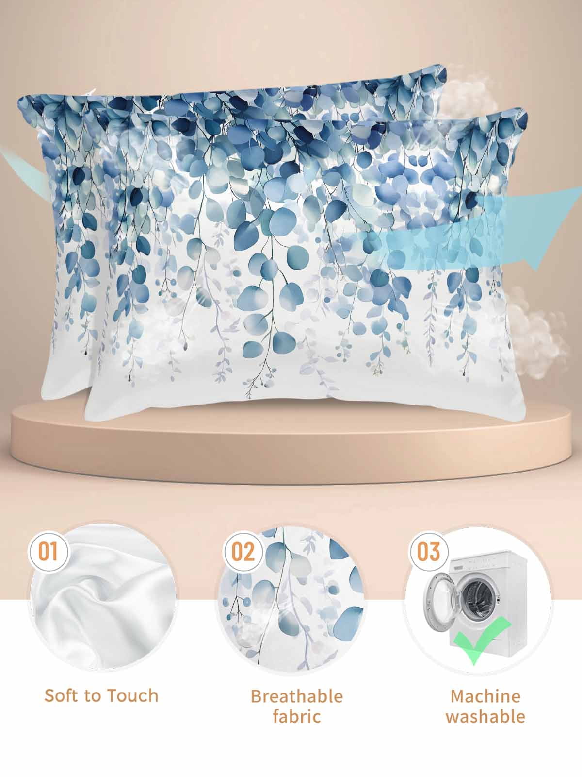 Blue Eucalyptus Leaves Pillow Cases King Size Set of 2, Smooth Satin Pillowcase for Hair and Skin, Summer Botanical Weeping Decorative Cooling Bed Pillow Covers with Zipper, 20x36 Inches